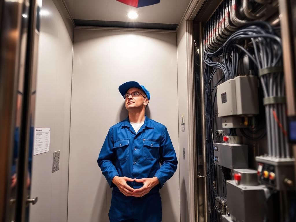 Elevator technician inspecting newly installed elevator machinery