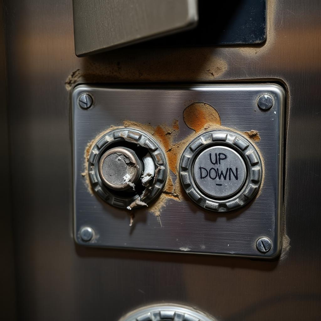 Damaged elevator call button panel with cracked buttons and pried open cover