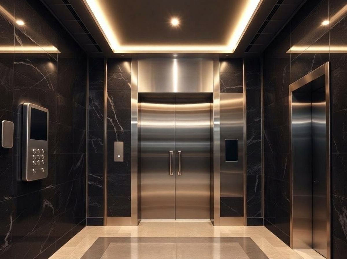 Ultra-modern destination dispatch elevator lobby with touchscreen panels