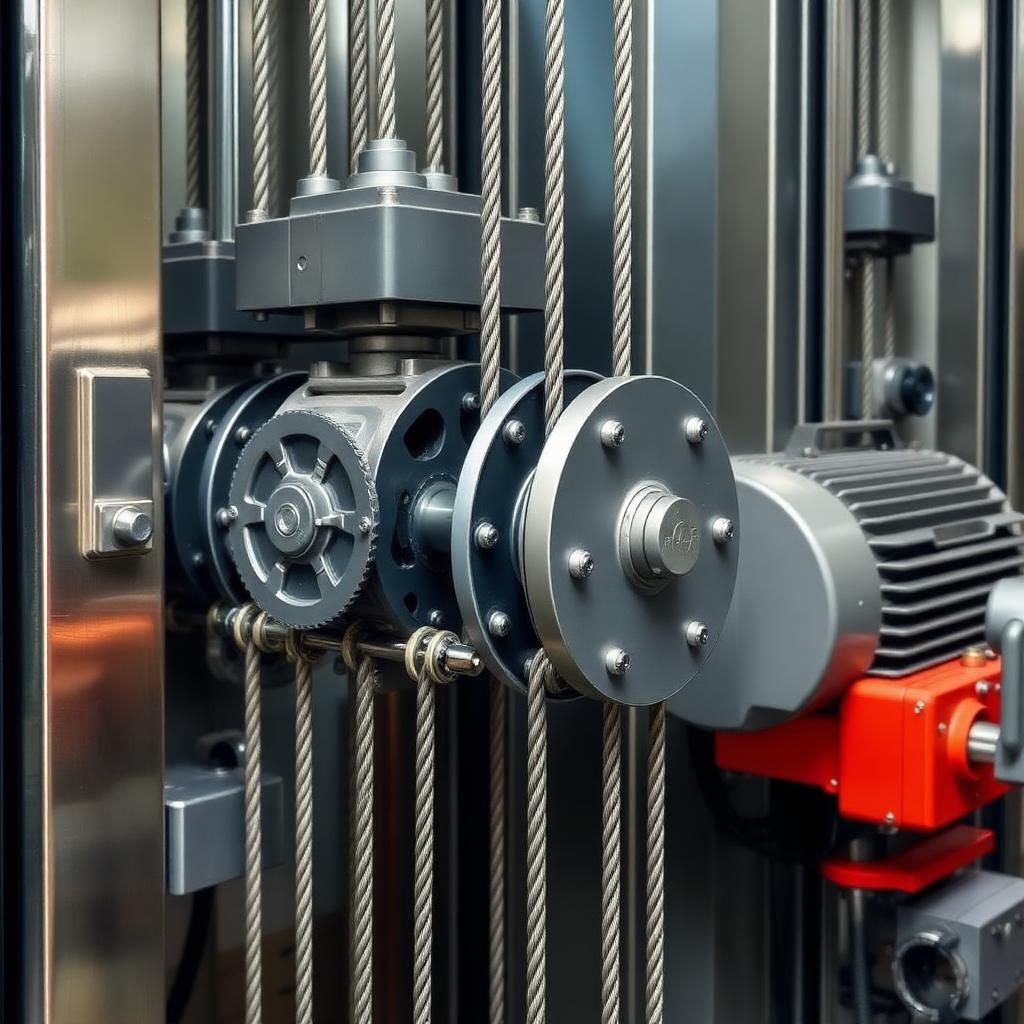 Elevator motor and pulley assembly pulling steel hoist ropes